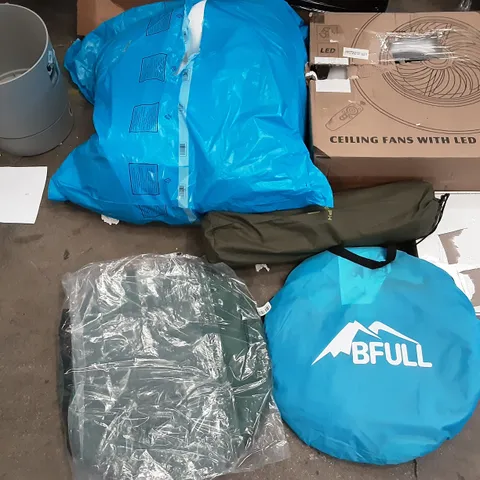 PALLET OF ASSORTED PRODUCTS INCLUDING BFULL POPUP TENT, CEILING FANS WITH LED LAMP, ELHO ALL IN ONE PLANT POT, RETRACTABLE BABY GATE, ZENPH