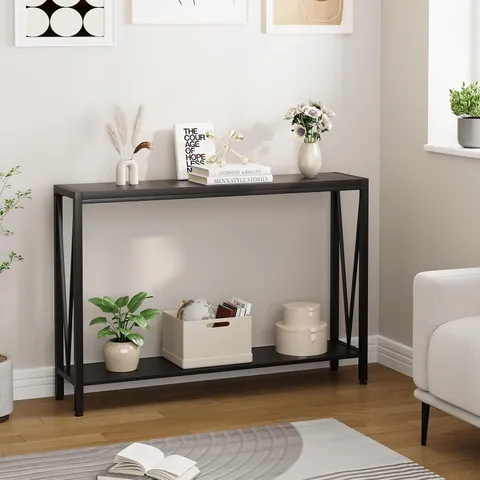 BOXED GARVEE RETRO BROWN 109CM NARROW CONSOLE TABLE TWO-TIER SOFA ENTRYWAY TABLE WITH METAL FRAME FOR ENTRYWAY, LIVING ROO