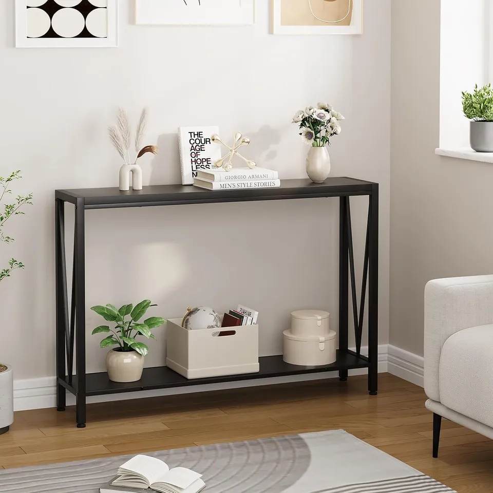 BOXED GARVEE RETRO BROWN 109CM NARROW CONSOLE TABLE TWO-TIER SOFA ENTRYWAY TABLE WITH METAL FRAME FOR ENTRYWAY, LIVING ROO