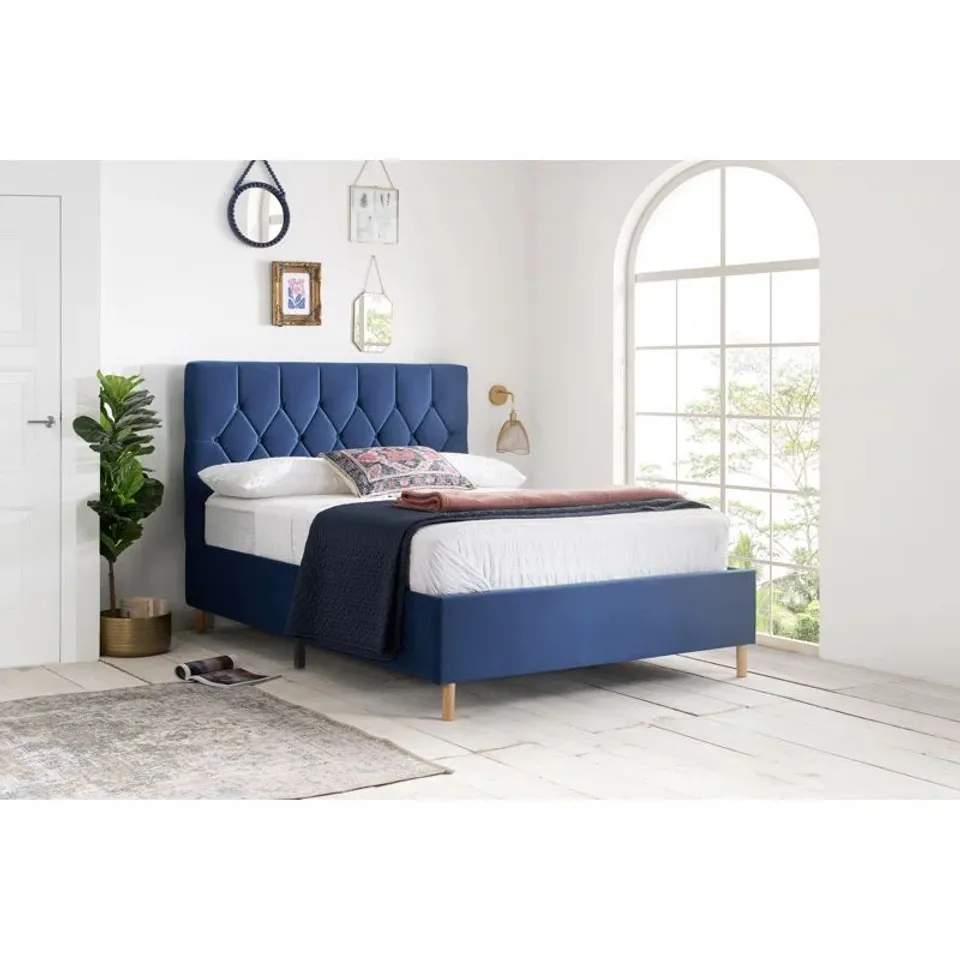 BOXED BENNINGER UPHOLSTERED BED - BLUE // SIZE: 150cm (1 BOX)