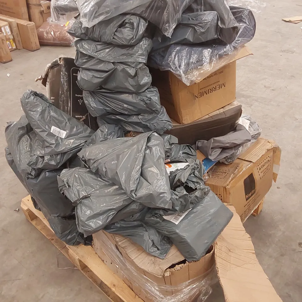 PALLET OF ASSORTED CONSUMER PRODUCTS/FURNITURE PARTS INCLUDING: COAT HANGERS, PEDESTAL FAN, FOAM ROLLER ECT 