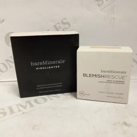 LOT OF 2 BAREMINERALS PRODUCTS TO INCLUDE BLEMISH RESCUE LOOSE POWDER FOUNDATION - FAIRLY MEDIUM 1.5C & ENDLESS GLOW HIGHLIGHTER - WHIMSY