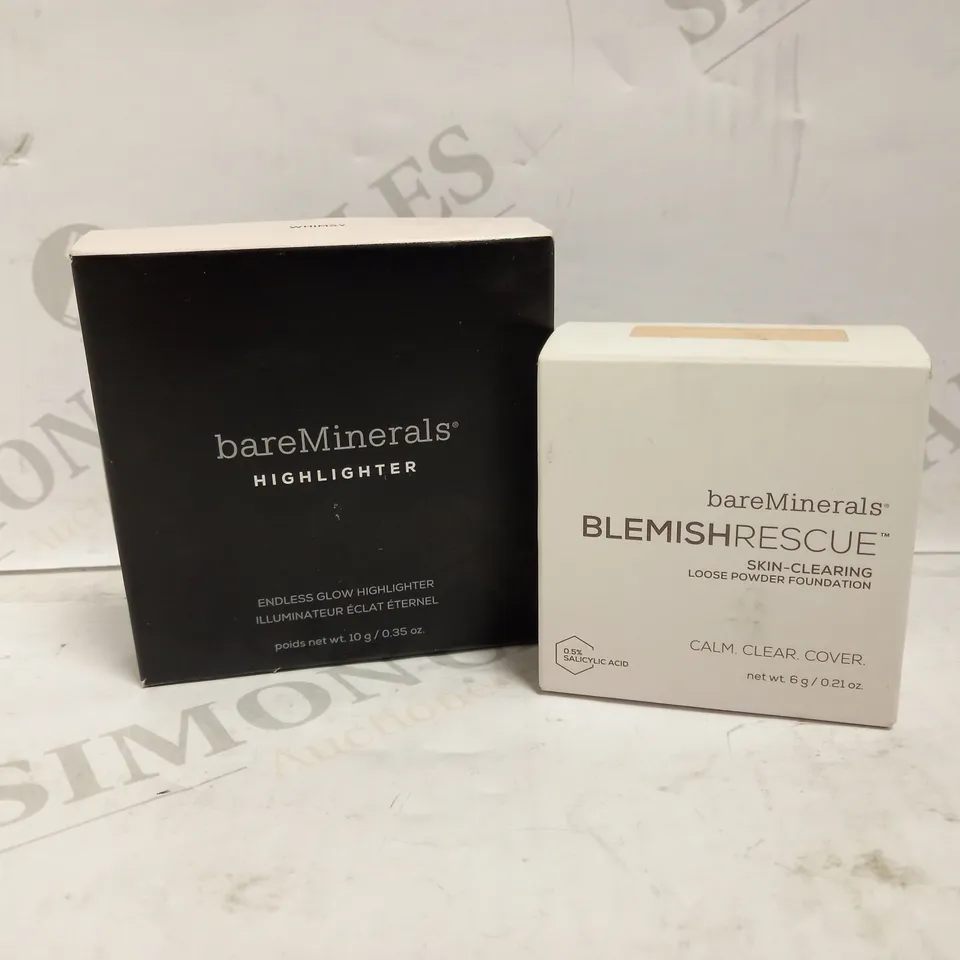LOT OF 2 BAREMINERALS PRODUCTS TO INCLUDE BLEMISH RESCUE LOOSE POWDER FOUNDATION - FAIRLY MEDIUM 1.5C & ENDLESS GLOW HIGHLIGHTER - WHIMSY 