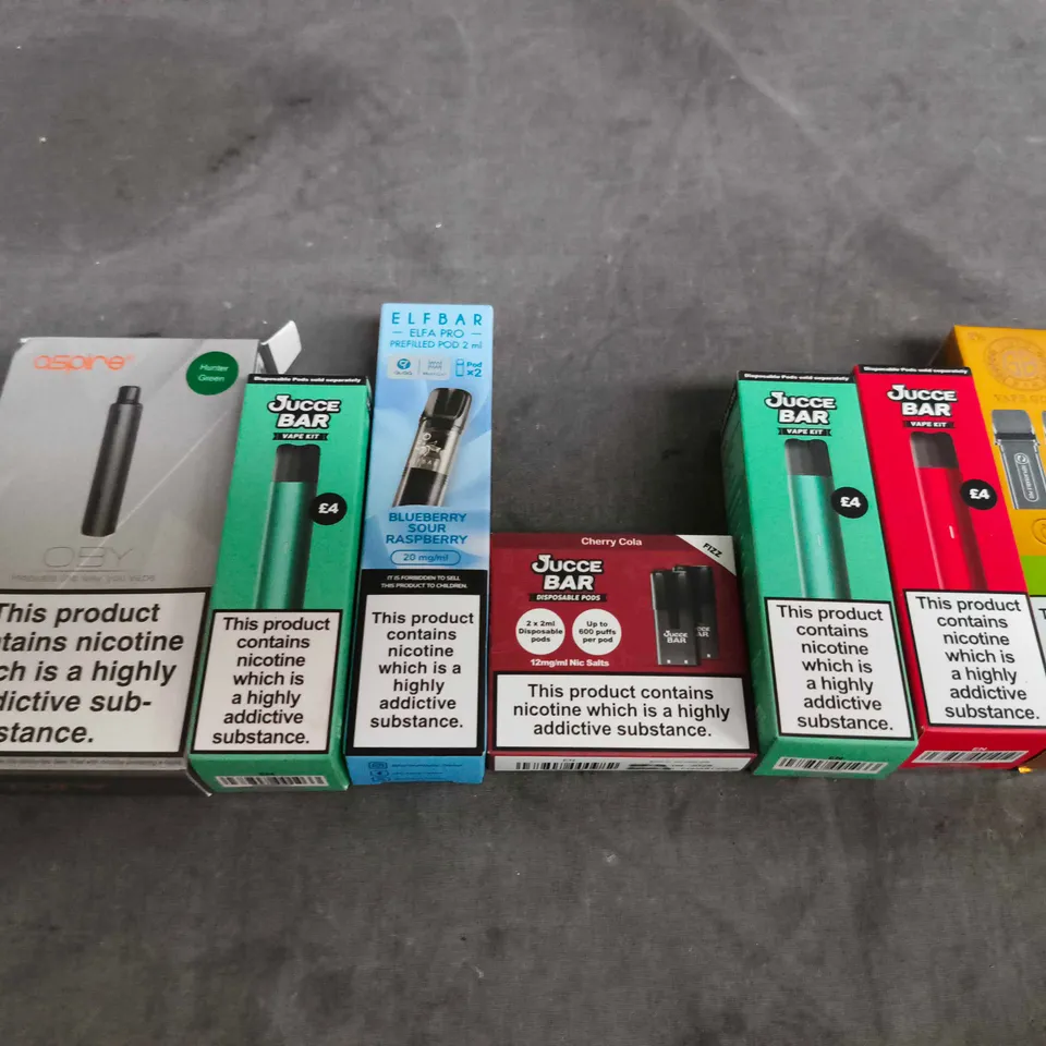 APPROXIMATELY 15 ASSORTED E-CIGARETTE AND VAPE PRODUCTS TO INCLUDE ASPIRE, ELFBAR, JUCCE BAR ETC 