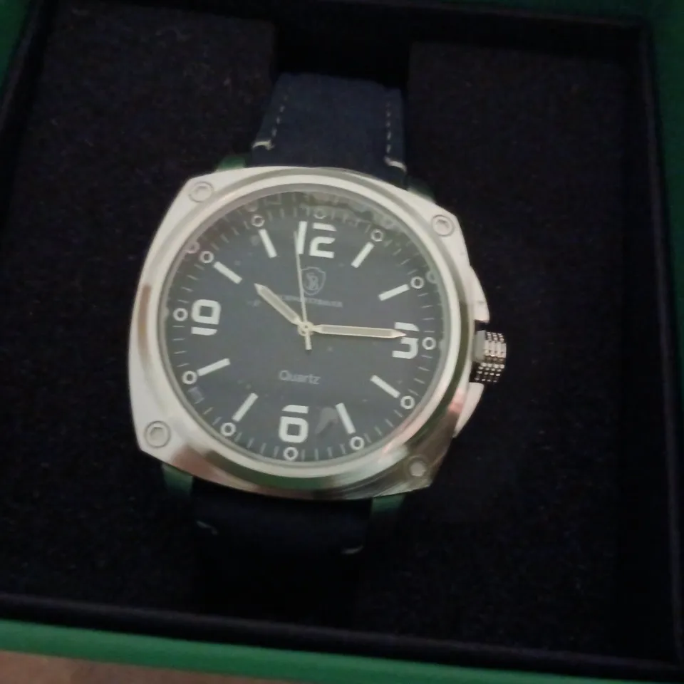 BOXED SCHWARTZBAUER QUARTZ WRISTWATCH – STAINLESS STEEL CASE, NAVY BLUE DIAL & LEATHER STRAP