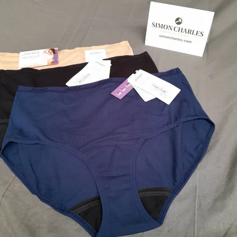 PACK OF 3 JOCKEY LADIES WORRY FREE PERIOD UNDERWEAR. BLUE, BLACK AND NUDE SIZE L