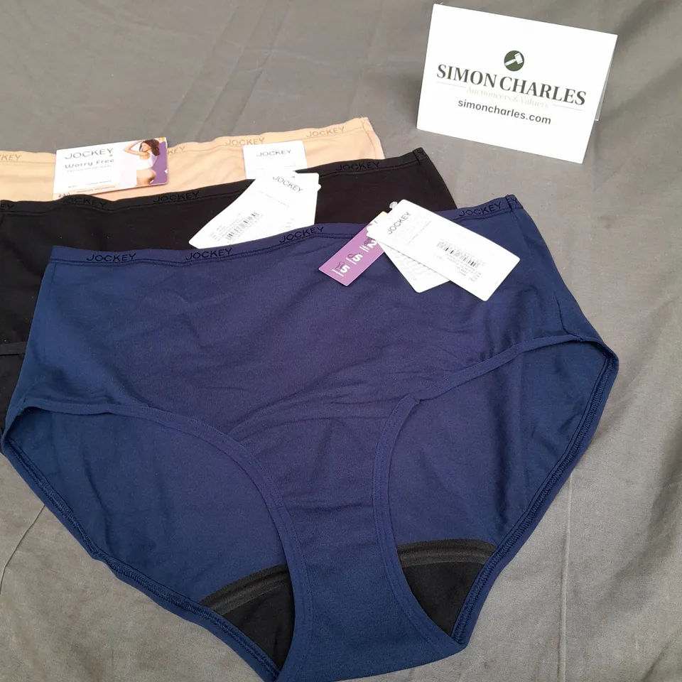 PACK OF 3 JOCKEY LADIES WORRY FREE PERIOD UNDERWEAR. BLUE, BLACK AND NUDE SIZE L