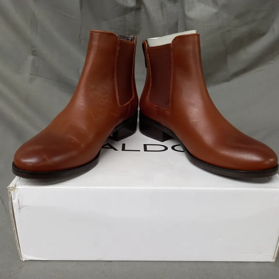 BOXED PAIR OF ALDO MEAVEN LEATHER ANKLE BOOTS IN BROWN UK SIZE 4