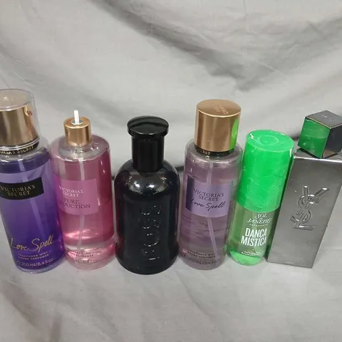 APPROXIMATELY 10 ASSORTED UNBOXED FRAGRANCES TO INCLUDE; GHOST, YVES SAINT LAURENT, VICTORIA'S SECRET, HUGO BOSS AND SOL DE JANEIRO