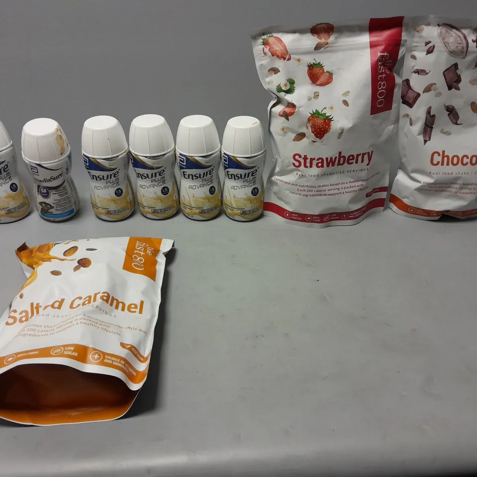 LOT OF ASSORTED FOOD ITEMS TO INCLUDE ENSURE DRINKS, CHOCOLATE SHAKE POWDER, ETC