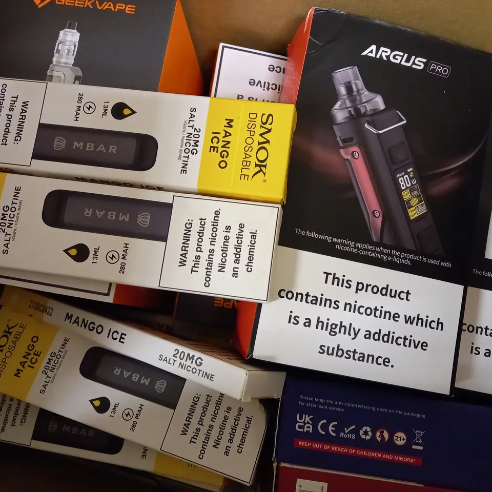 APPROXIMATELY 20 ASSORTED BOXED VAPING PRODUCTS TO INCLUDE GEEKVAPE M100, VOOPOO ARGUS PRO, VAPORESSO GTX GO 80 ETC.