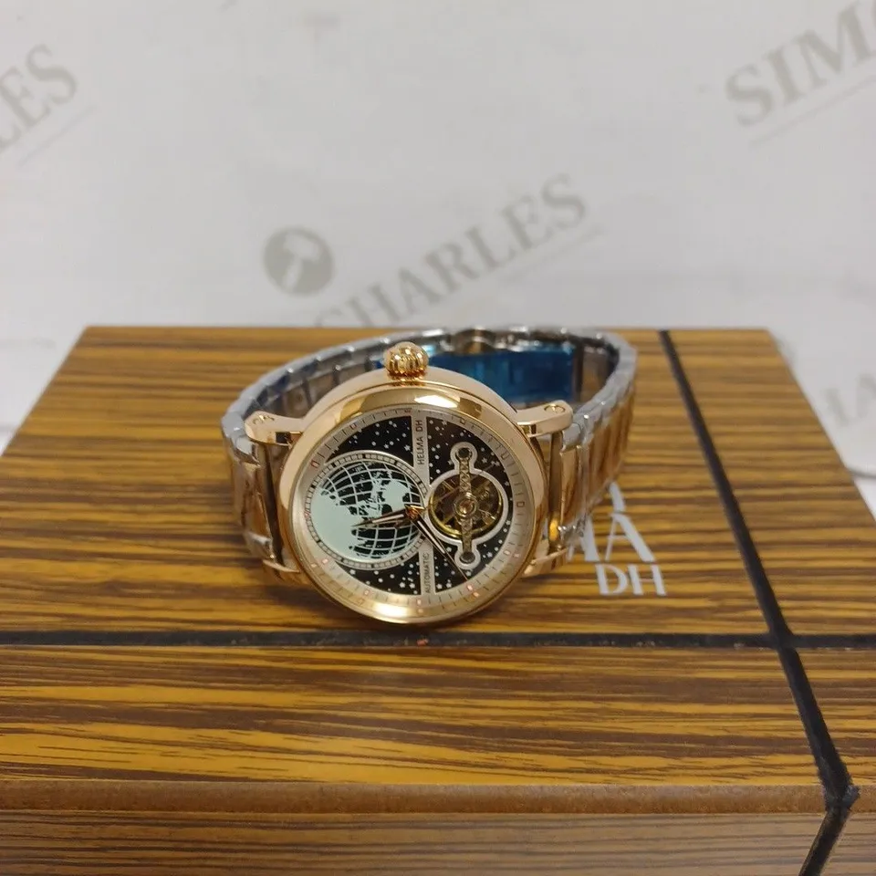 MENS HELMA DH AUTOMATIC WATCH – WORLD VIEW DIAL – OPEN HEART MOVEMENT WITH GLASS EXHIBITION BACK CASE – STAINLESS STEEL STRAP – LUXURY GIFT BOX INCLUDED