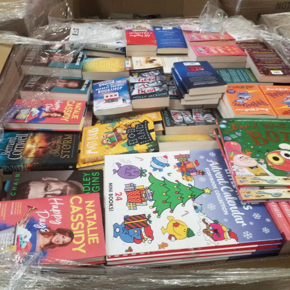 PALLET CONTAINING ASSORTED BOOKS INCLUDING MR. MEN LITTLE MISS ADVENT CALENDAR, ROBODOG, BOLEYN TRAITOR, AS GOOD AS DEAD & SHARPE'S STORM