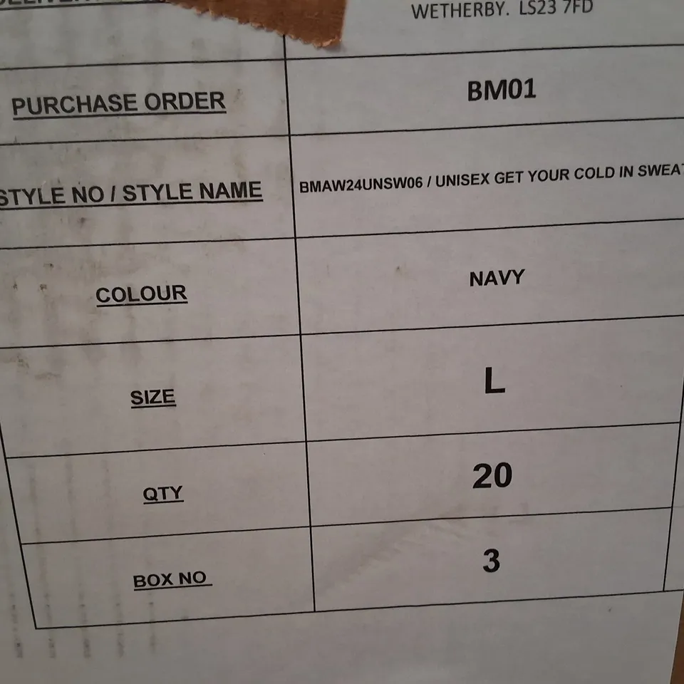 BOX CONTAINING APPROXIMATELY 20 UNISEX NAVY HOODIE – SIZE L (BRASS MONKEY LABEL TAG ATTACHED)