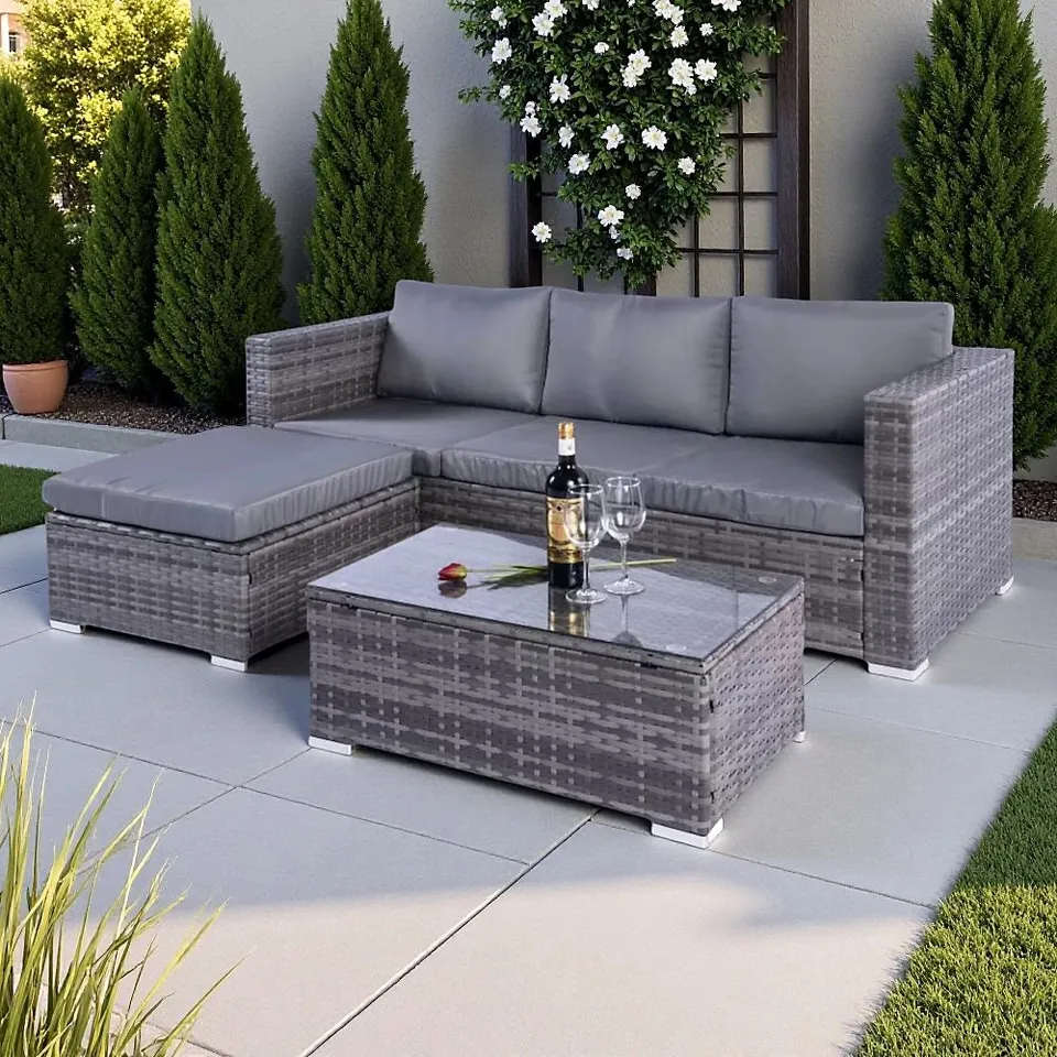 BOXED GREY 4 SEAT RATTAN CORNER SOFA WITH COFFEE TABLE (2 BOXES)