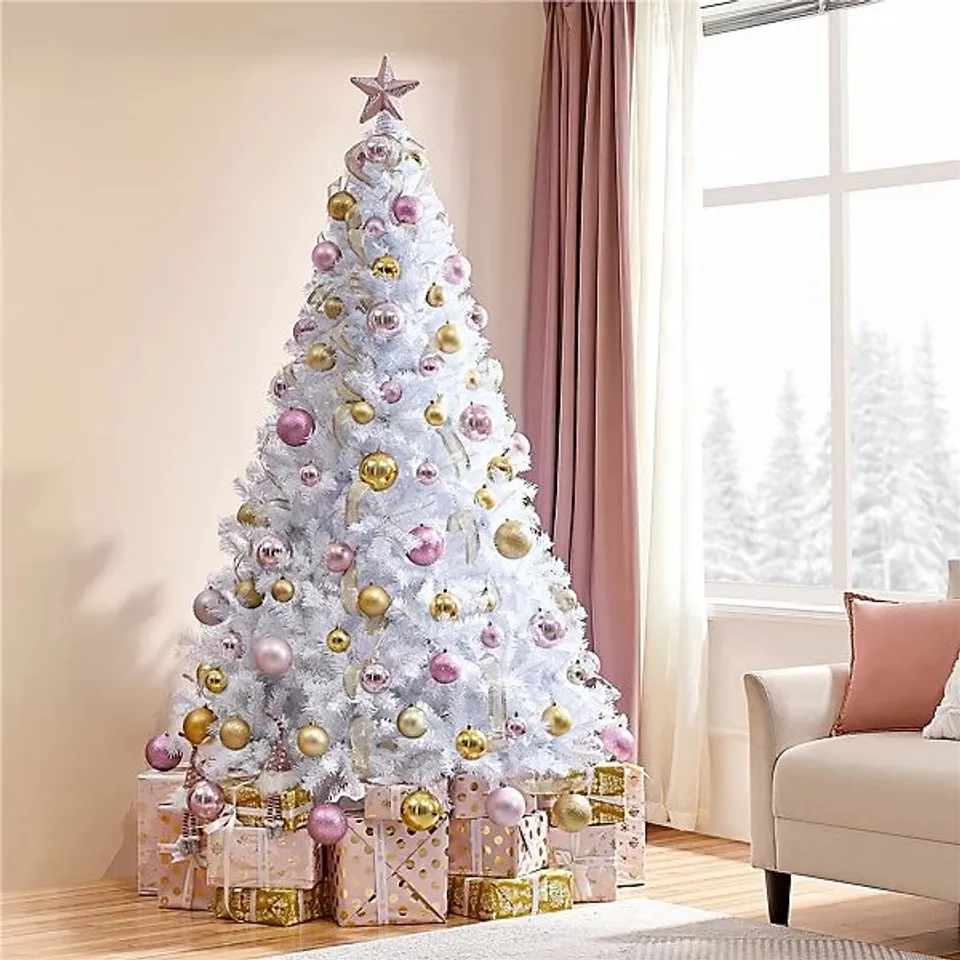 BOXED YAHEETECH WHITE 7FT UNLIT ARTIFICIAL CHRISTMAS TREE WITH FOLDABLE STAND