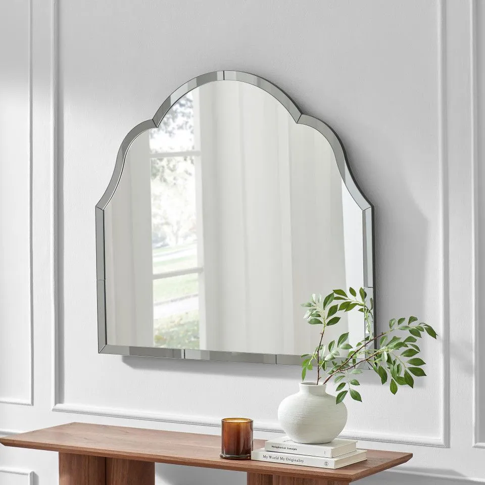 BOXED OPALINE GREY ORNATE LARGE ARCH WALL MIRROR (1 BOX)