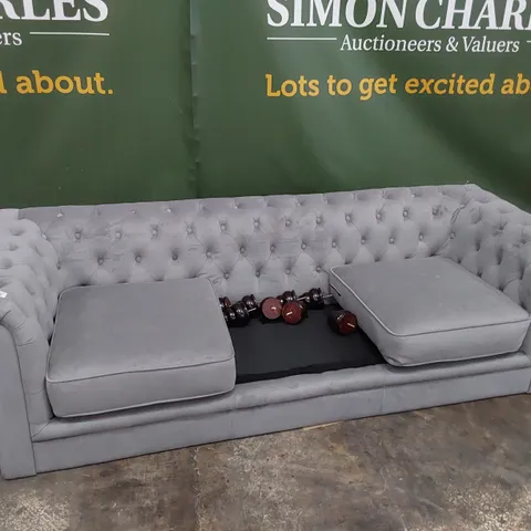 DESIGNER THREE SEATER CHESTERFIELD SOFA GREY PLUSH FABRIC