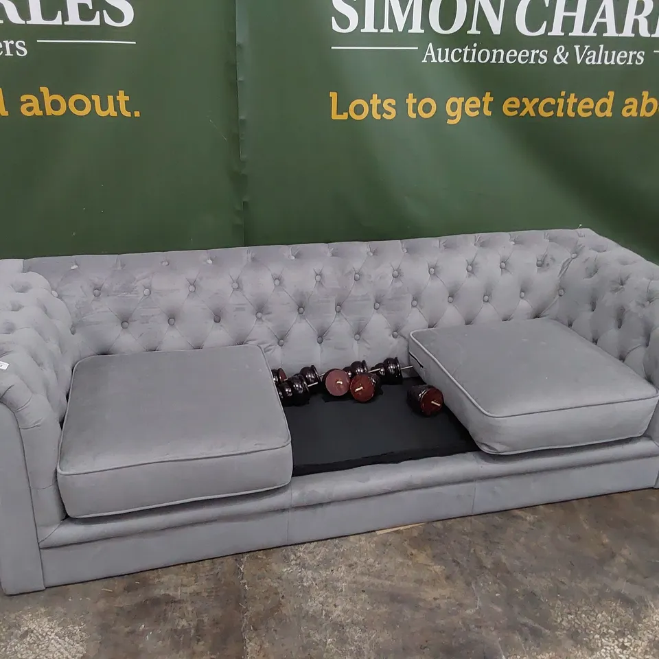 DESIGNER THREE SEATER CHESTERFIELD SOFA GREY PLUSH FABRIC 