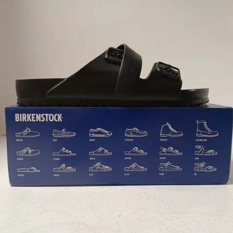 BOXED PAIR OF BIRKENSTOCK ARIZONA EVA OPEN TOE SANDALS IN BLACK SIZE UK 10.5