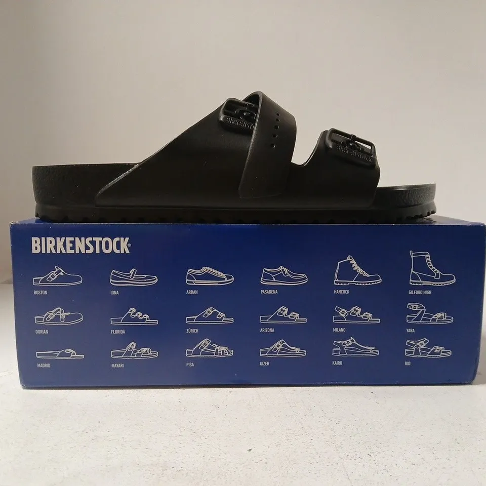 BOXED PAIR OF BIRKENSTOCK ARIZONA EVA OPEN TOE SANDALS IN BLACK SIZE UK 10.5