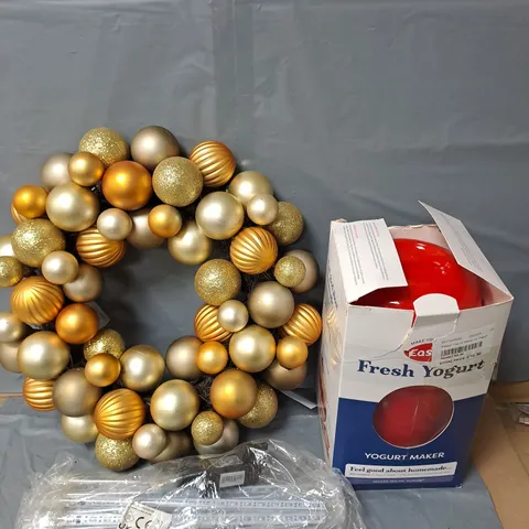 APPROXIMATELY 10 HOUSEHOLD ITEMS TO INCLUDE YOGURT MAKER, FESTIVE WREATH AND STRIP LIGHTS