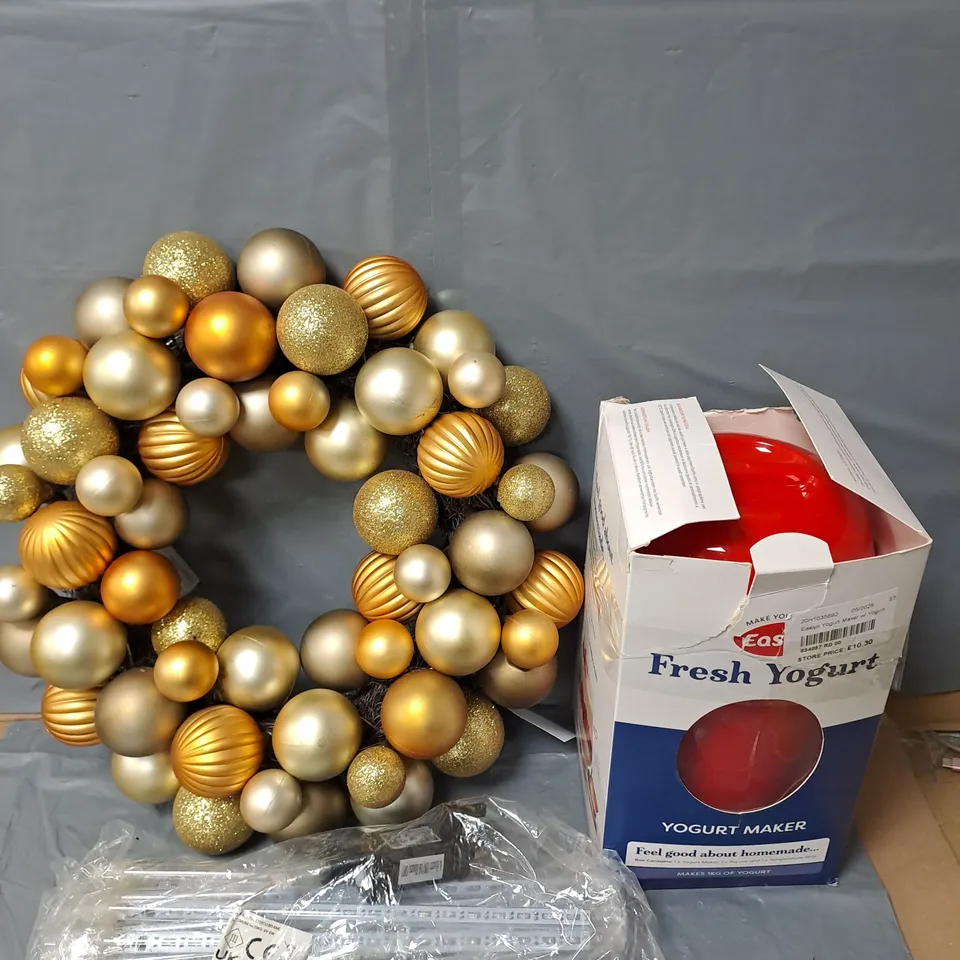 APPROXIMATELY 10 HOUSEHOLD ITEMS TO INCLUDE YOGURT MAKER, FESTIVE WREATH AND STRIP LIGHTS