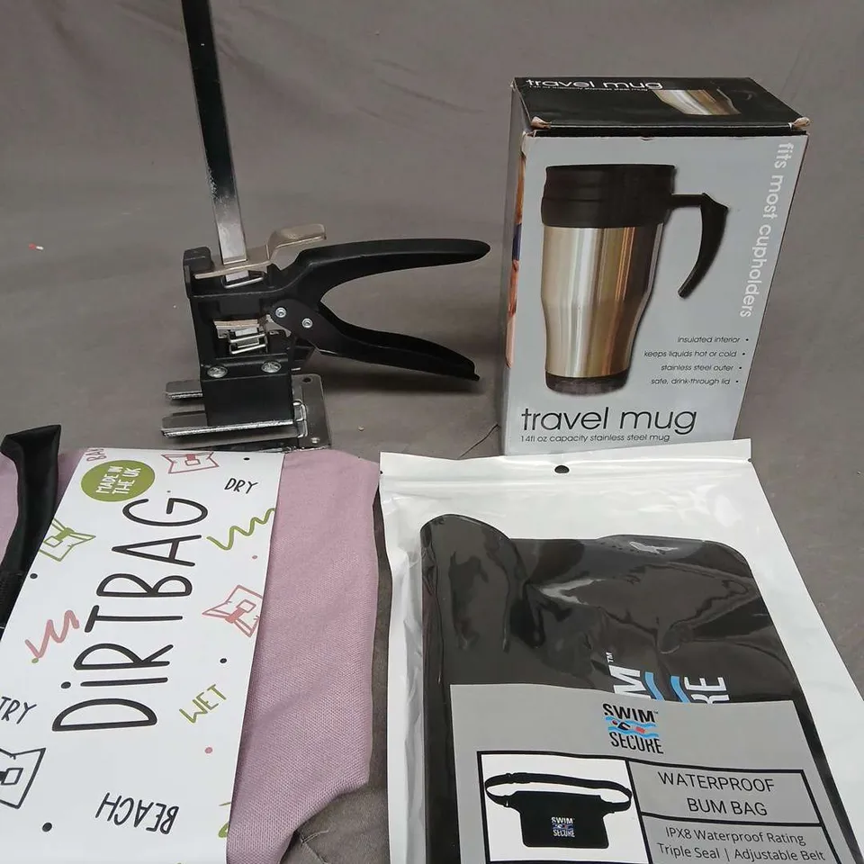 BOX OF ASSORTED HOUSE HOLD ITEMS TO INCLUDE WATERPROOF BAG - DIRT BAG - TRAVEL MUG 