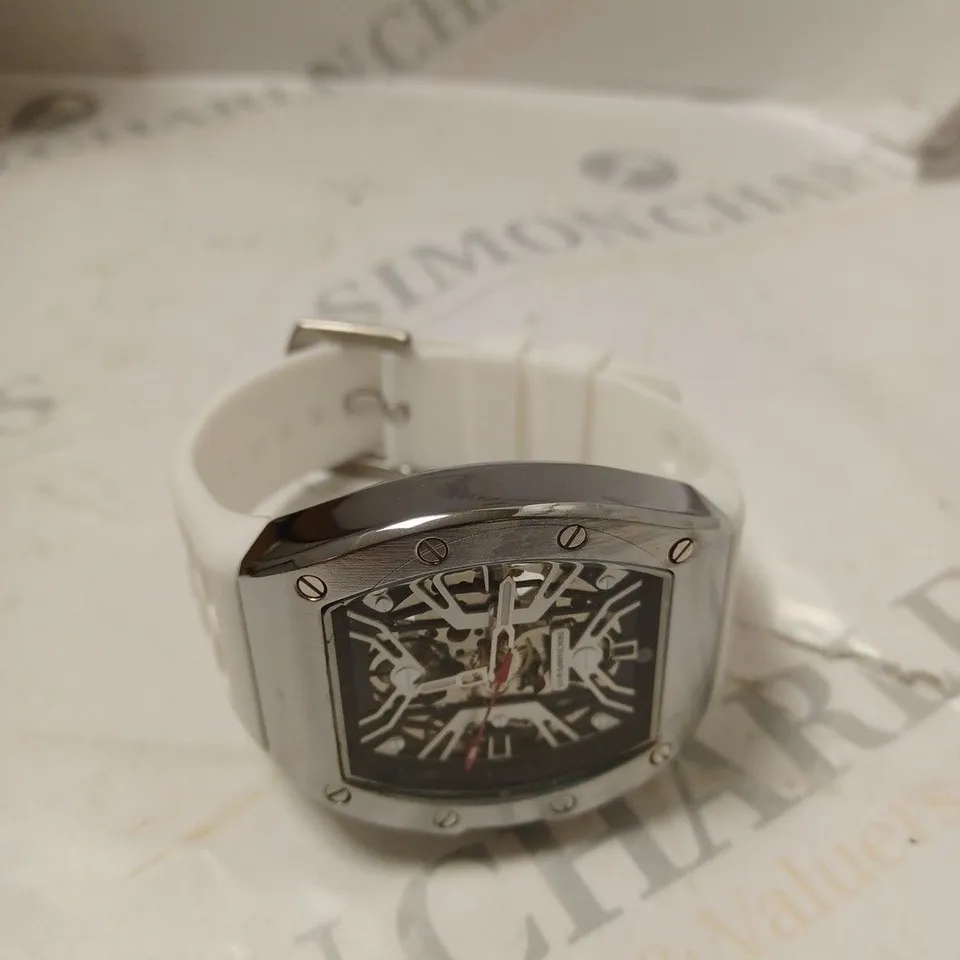 MENS AUTOMATIC DESCHAMPS & CO WATCH – SKELETON DIAL – GLASS EXHIBITION BACK CASE – RUBBER STRAP