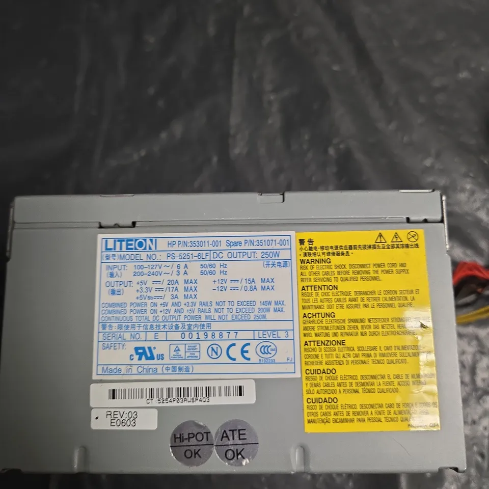LITE-ON PS-5251-6LF POWER SUPPLY – HP P/N 353011-001 – 250W