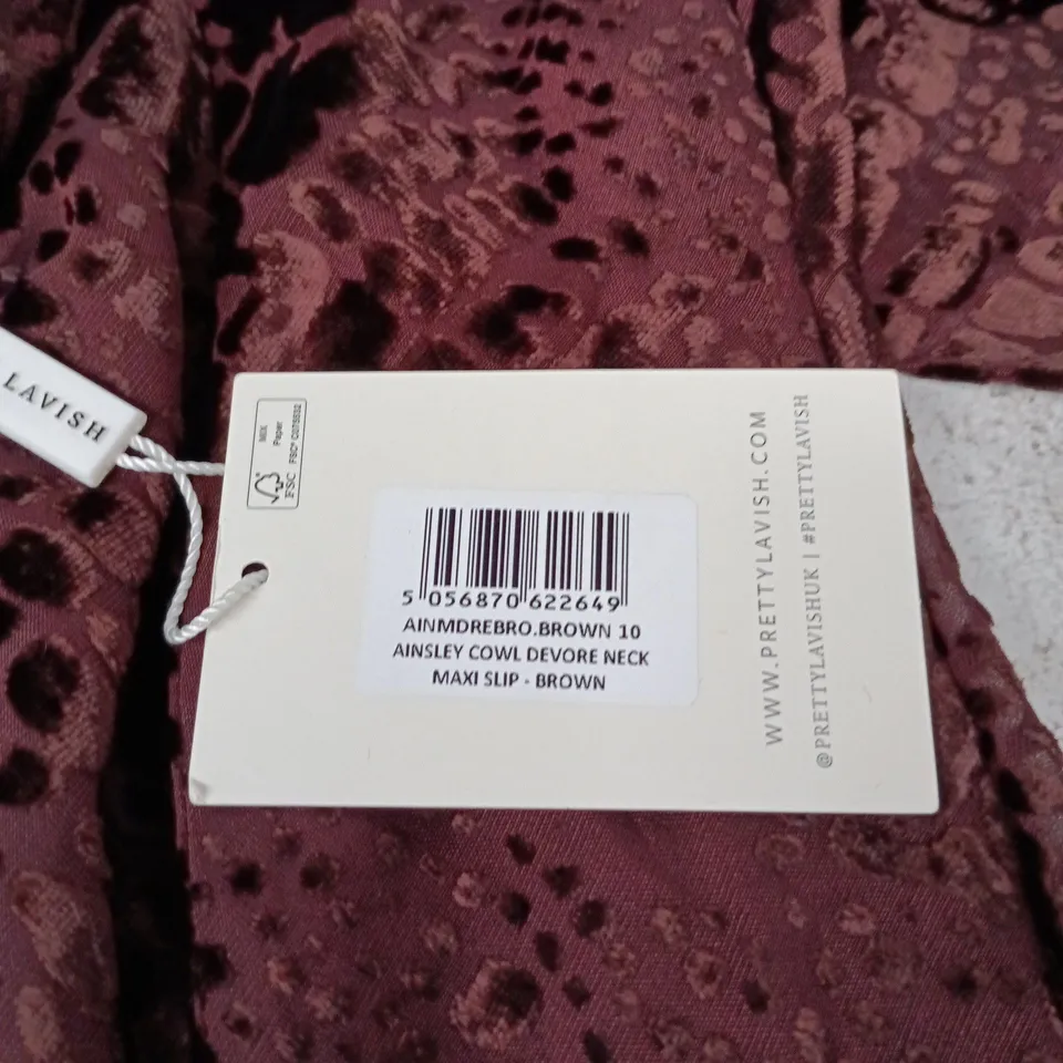 PRETTY LAVISH AINSLEY COWL DEVORE NECK MAXI SLIP DRESS – BROWN, UK 10