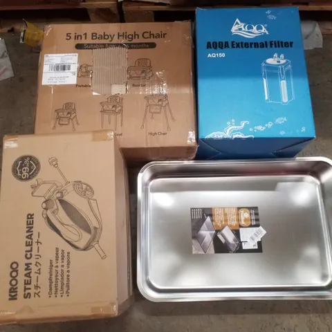 PALLET CONTAINING ASSORTED PRODUCTS INCLUDING STEAM CLEANER, 5 IN 1 BABY HIGH CHAIR, EXTERNAL FILTER & CAT LITTER BASIN