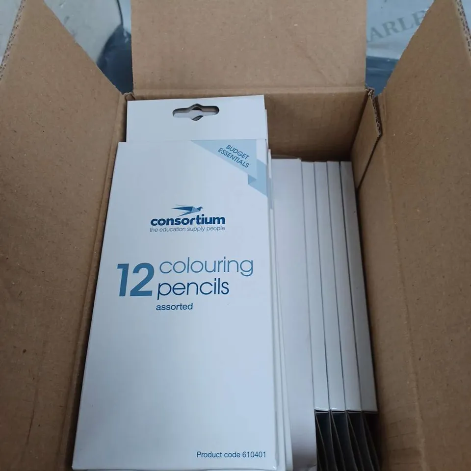 BOXED LOT OF APPROXIMATELY 24 PACKS (12 PER PACK) OF CONSORTIUM COLOURED PENCILS
