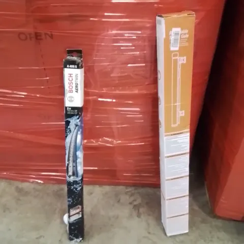 PALLET OF ASSORTED HOUSEHOLD GOODS AND PRODUCTS TO INCLUDE;BOSCH WIPERS,RETRACTABLE SAFETY GATE