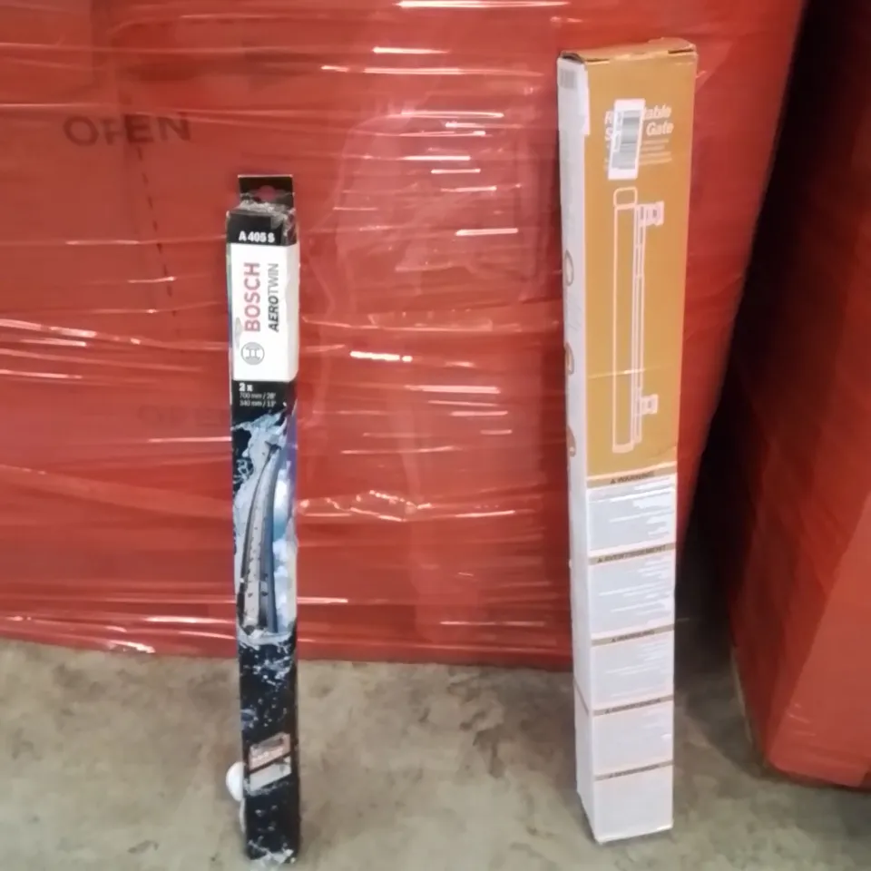 PALLET OF ASSORTED HOUSEHOLD GOODS AND PRODUCTS TO INCLUDE;BOSCH WIPERS,RETRACTABLE SAFETY GATE