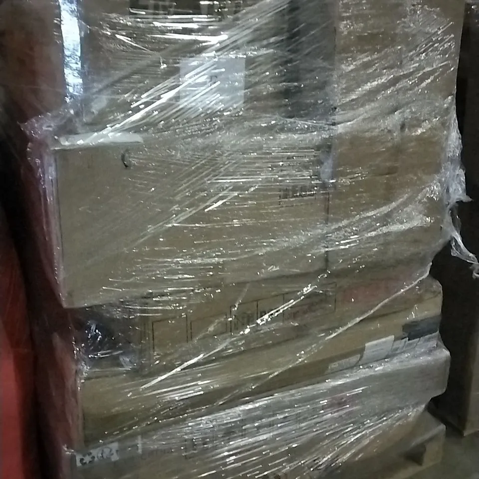 PALLET OF ASSORTED ITEMS INCLUDING OFFICE CHA8R, L-SHAPED DESK, CHAIR COVER, CAT WHEEL