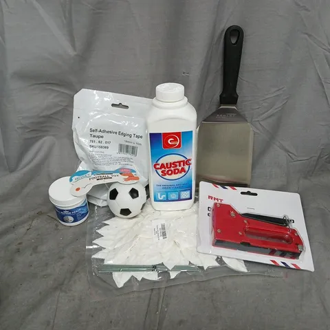 APPROXIMATELY 12 ASSORTED HOUSEHOLD ITEMS TO INCLUDE CAUSTIC SODA, STAPLE GUN, SELF-ADHESIVE EDGING TAPE, ETC