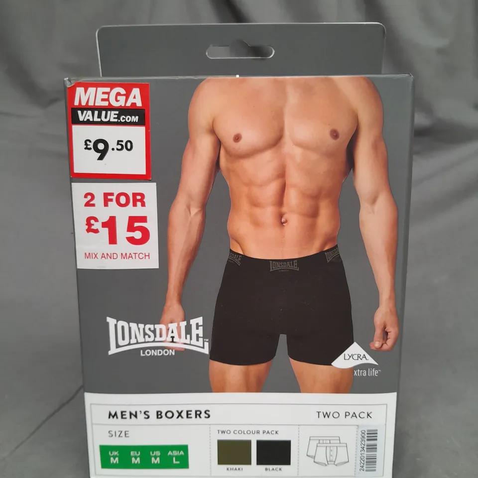 BOXED LONSDALE 2 PACK OF BOXER - BLACK/KHAKI - MEDIUM