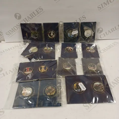BOX TO CONTAIN APPROX. 30 X ASSORTED WESTMINSTER ASSORTED 50P COMMEMORATIVE COLLECTIVE COINS. DESIGNS VARY
