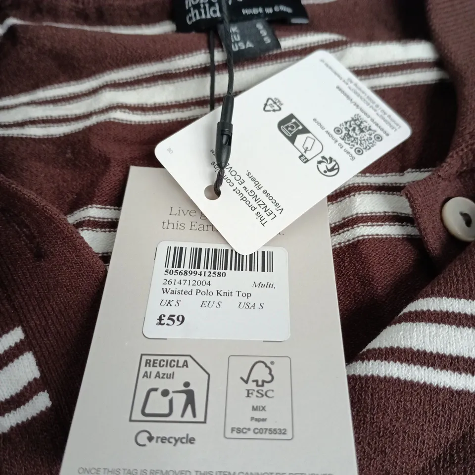 NOBODY'S CHILD MULTI WAISTED POLO KNIT TOP, BURGUNDY STRIPE, UK S (EU S, USA S) – MADE IN CHINA