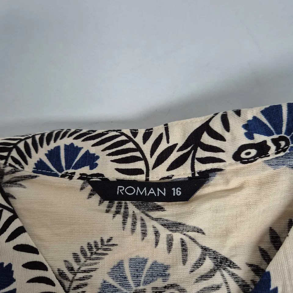 TROPICAL LEAF PRINT DRESS– IVORY WITH BLUE LEAVES, UK SIZE 16