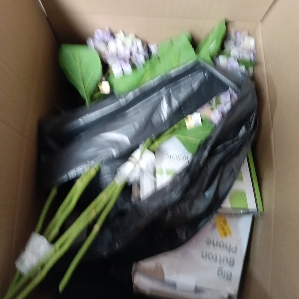 BOX OF APPROXIMATELY 15 ASSORTED HOUSEHOLD ITEMS TO INCLUDE BIN BAGS, ARTIFICIAL FLOWERS AND TELEPHONE
