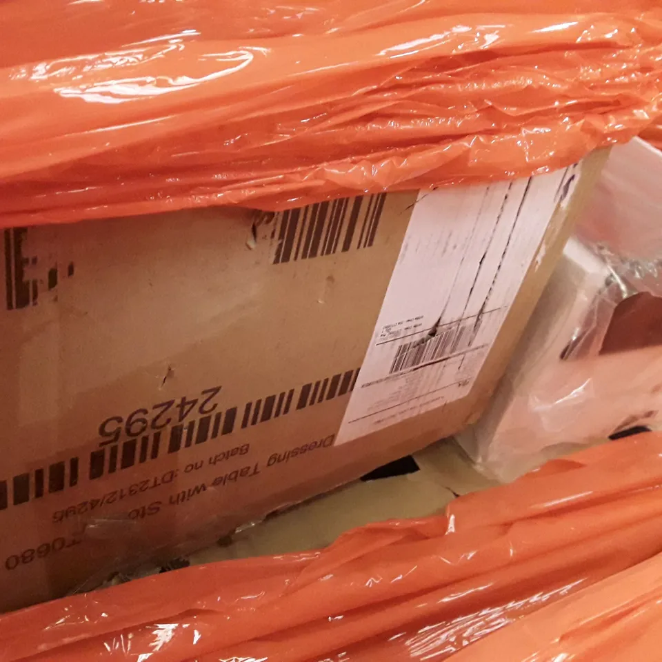 PALLET OF ASSORTED PRODUCTS INCLUDING L-SHAPED DESK, OFFICE CHAIR, DRESSING TABLE WITH STORAGE, ROTARY DEHUMIDIFIER 