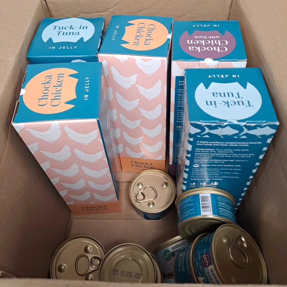 BOXED SEALED UNTAMED ASSORTED CATFOOD TO INCLUDE TINS AND BISCUITS