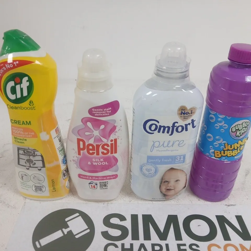 APPROXIMATELY 15 ASSORTED HOUSEHOLD PRODUCTS TO INCLUDE : CIF CREAM, PERSIL SILK & WOOL, COMFORT PURE & BUBBLES