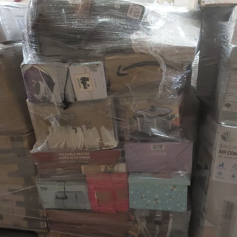 PALLET CONTAINING A VERY LARGE QUANTITY OF ASSORTED ELECTRIC ITEMS INCLUDING: FOLDABLE HEATED AIRER WITH WINGS, SLOW COOKER, DAEWOO VACUUM CLEANER ECT