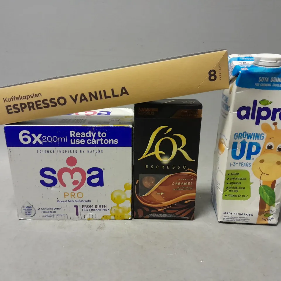 TOTE OF APPROXIMATELY 7 ASSORTED FOOD ITEMS TO INCLUDE - ESPRESSO VANILLA , ALPRO GROWING UP ETC