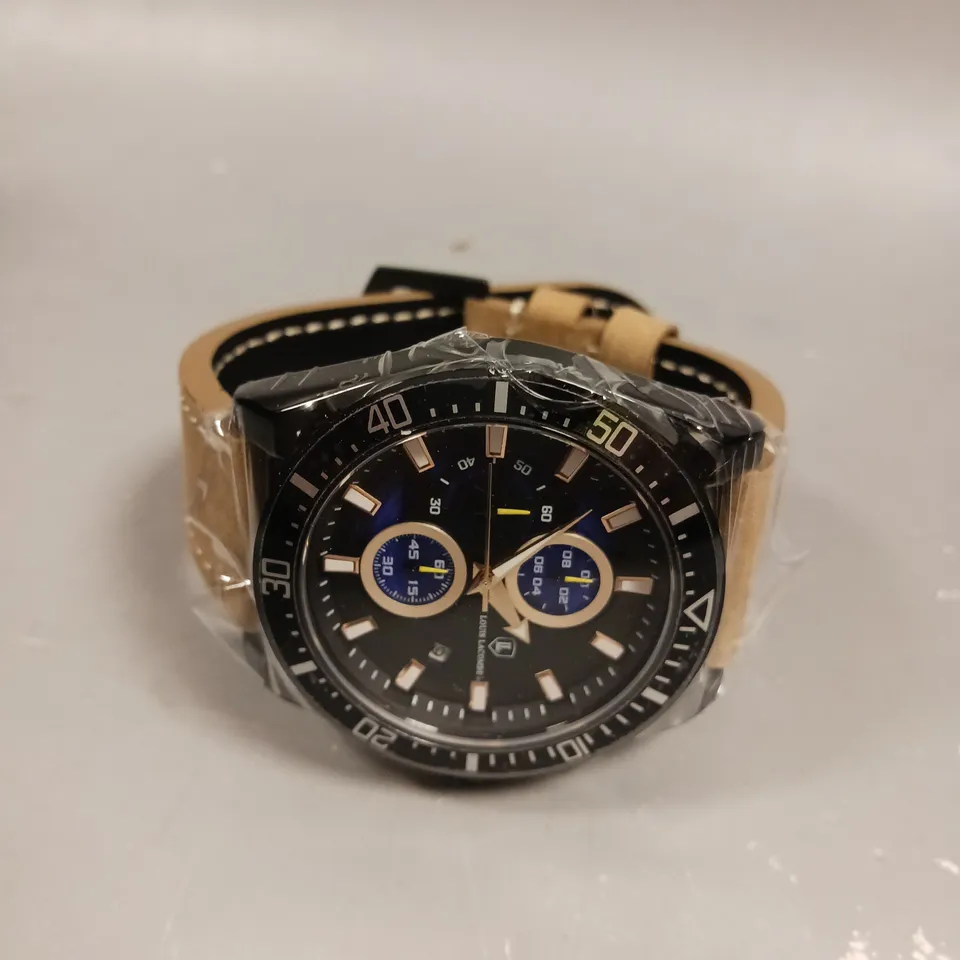 MENS LOUIS LACOMBE CHRONGRAPH WATCH – 3 SUB DIALS – BLACK CASE – LEATHER STRAP