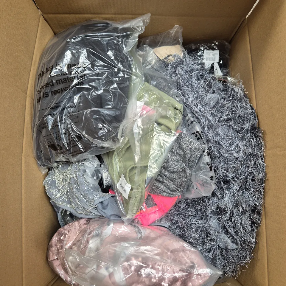 LARGE BOX OF ASSORTED CLOTHING ITEMS IN VARIOUS SIZES, STYLES AND COLOUR - COLLECTION ONLY