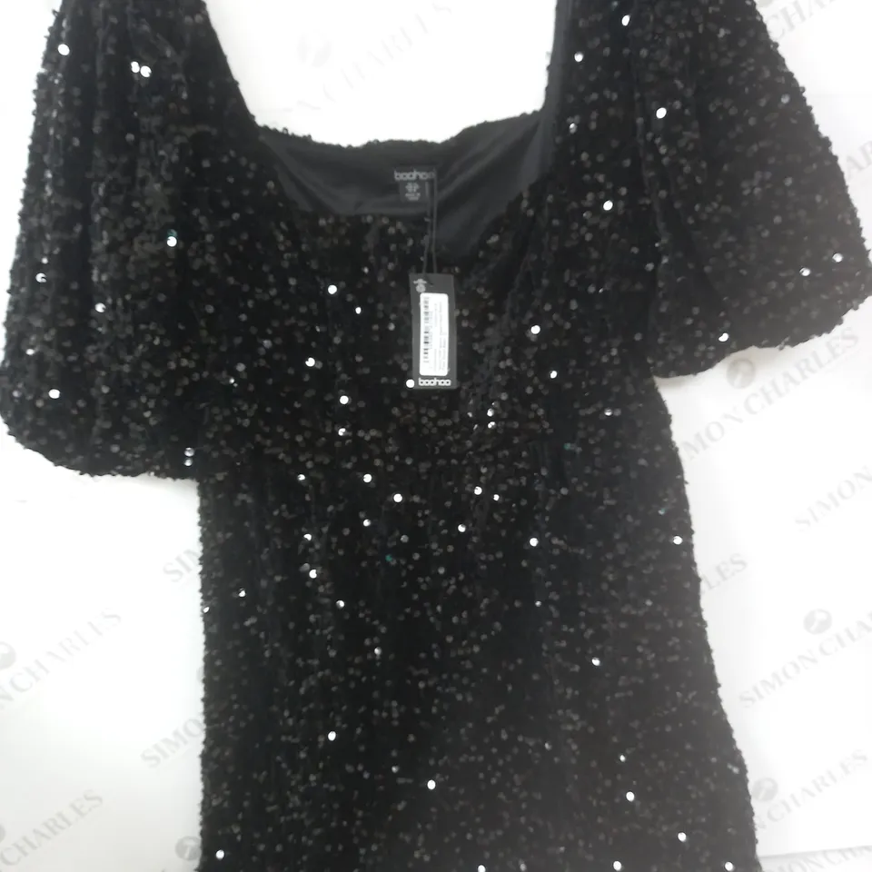 BOOHOO SEQUIN PUFF SLEEVE SQUARE NECK SMOCK PARTY DRESS - 12